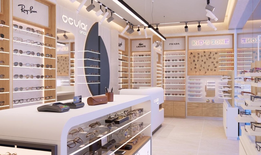 Ocular Opticals boutique showroom showcasing premium display cases and dedicated Kid's Zone